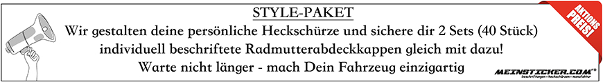 Verleihe deinem Fahrzeug einen einzigartigen Look mit unserem exklusiven Style-Paket! Dieses Angebot umfasst eine individuell gestaltete Heckschürze und zwei Sets (40 Stück) hochwertiger Radmutterabdeckkappen, die perfekt aufeinander abgestimmt sind.